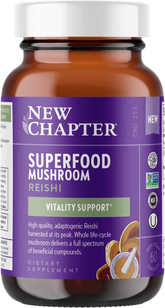 Nieuw Hoofdstuk Superfood Reishi Paddestoel Capsules Gecertificeerd Biologische USA-Grown 100% Vegan Mushroom Supplement voor vitaliteit Ondersteuning* Niet-GMO, Gecertificeerd Glutenvrij, 60 ct