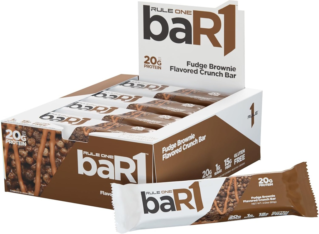 Regel 1 baR1 Crunch Bar - On-The-Go Handige Protein Snack Bars met 20g Premium Protein, natuurlijk verpakt met EAA's/BCAA's, Hunger-Filling Fiber (12 Count Box, Fudge Brownie)