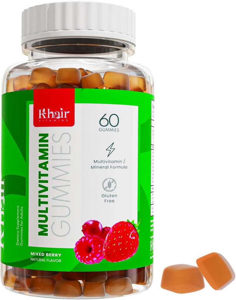 Khair Halal Adult Multivitaminen Gummy - Vegan, Non-GMO - Glutenvrij, Gelatinevrij - Essentiële Vitaminen: Vitamine A E C D B12 & Vitamine B6 Halal Vitaminen - 60 Gummies