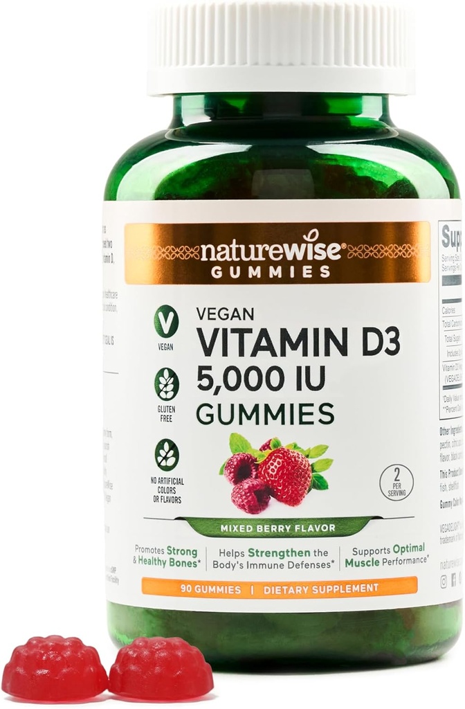 NatureWise Vitamin D3 5000 IE Gummies - Mixed Berry Flavor - Vegan D from Lichen, Pectin Based, Immune Support for Adults, Muscle & Bone Strength - Glutenvrij, Non-GMO - 90 Count[45-Day Supply]