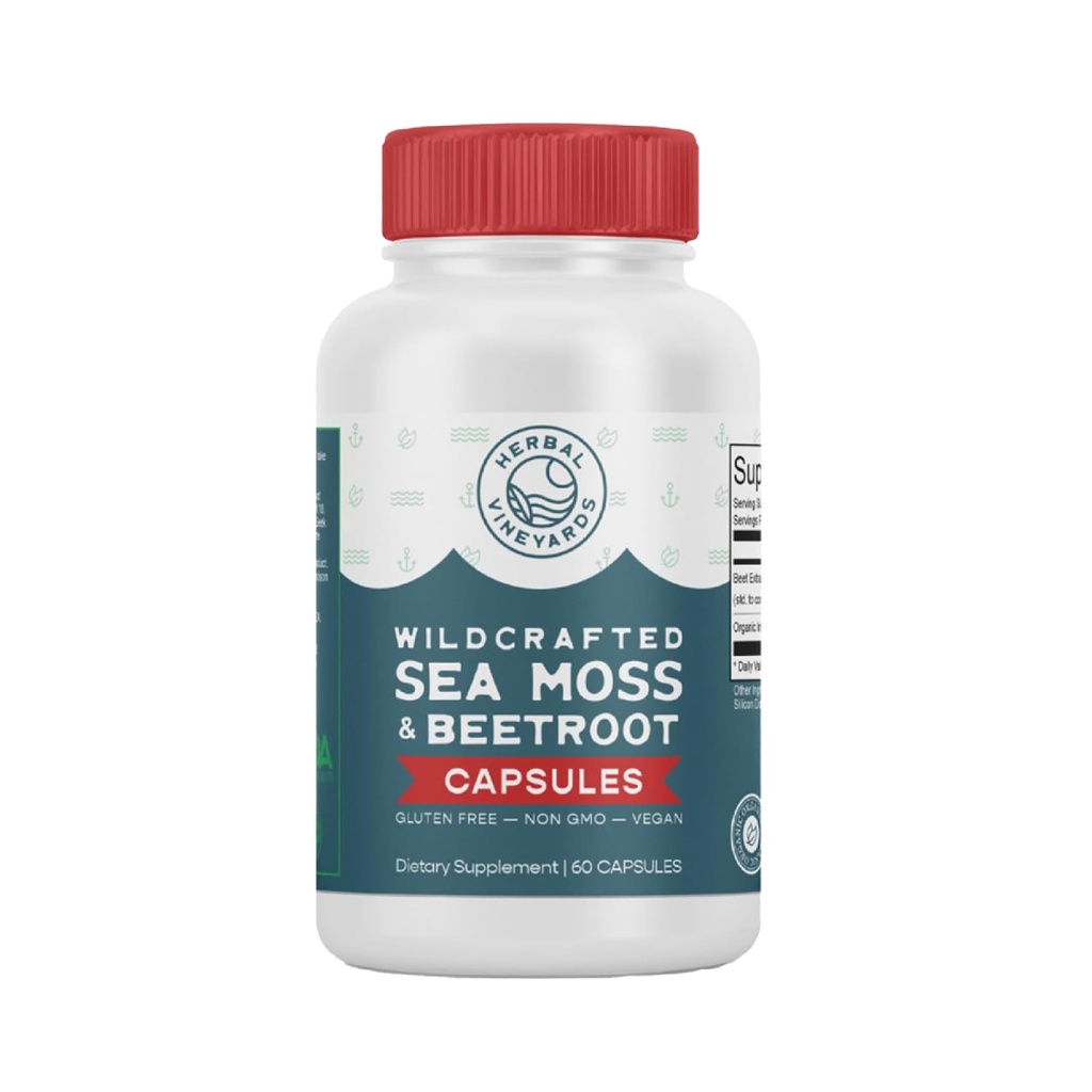 Herbal Vineyards Organic Wildcrafted Sea Moss and Beetroot 60 Capsules | Immune Support, Digestive Health & Improved Energy | Vegan Friendly | Non-GMO | Ethically Sourced