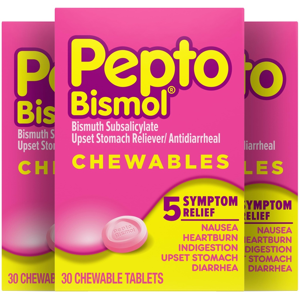 Comprimés à mâcher Pepto Bismol pour nausées, brûlures d'estomac, indigestion, estomac relevé et soulagement de la diarrhée, saveur originale, 90 Total (3 paquets de 30)