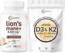Micro Ingrediënten Vitamine D3 10.000iu + K2 200mcg Kokosolie Softgels & Lions Mane Supplement 240 Veggie Capsules Bundel 2 Pack 