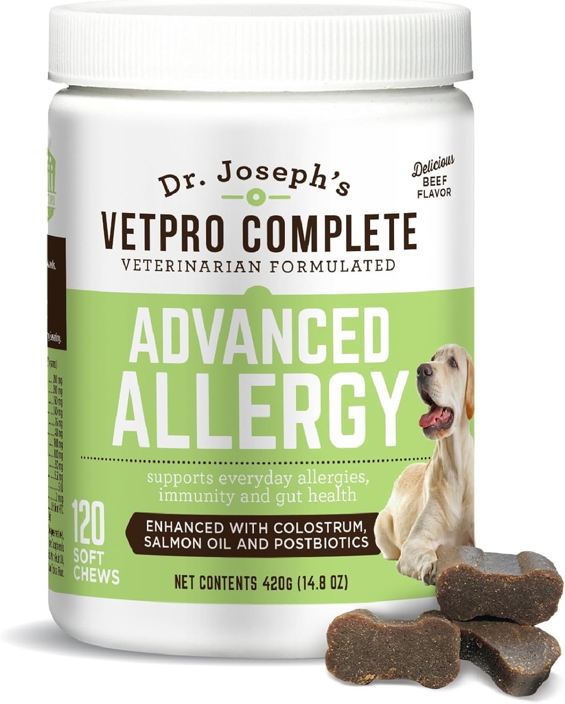 VetPro Geavanceerde Allergie en Itch Ondersteuning voor honden - Ondersteunt seizoensallergieën, Itchy Skin, & Immunity - Verbeterd met zalmolie, Probiotica & Colostrum voor allergieën, Immune Support, & Gut Health