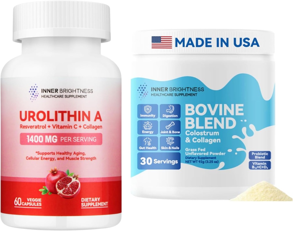 Urolithine Un supplément de 1000 MG pour la force musculaire + Colostrum bovine et poudre de collagène pour la santé de Gut, le soutien immunitaire, la croissance capillaire et le supplément beauté