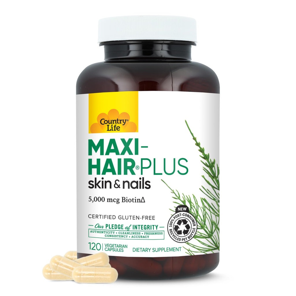 Country Life, Maxi-Hair Plus Biotin, soutient les cheveux, la peau et les ongles sains, supplément quotidien, 120 ct