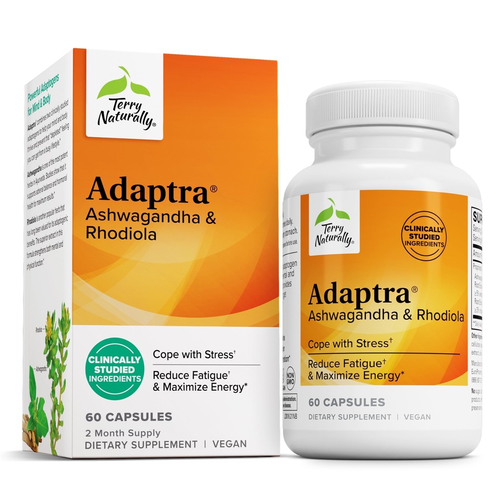 Terry Naturally Adaptra - supplement ter ondersteuning van de bijniergezondheid - Ashwagandha supplement met Rhodiola Rosea Extract - kruidensupplement ter ondersteuning van energie en concentratie - 60 capsules