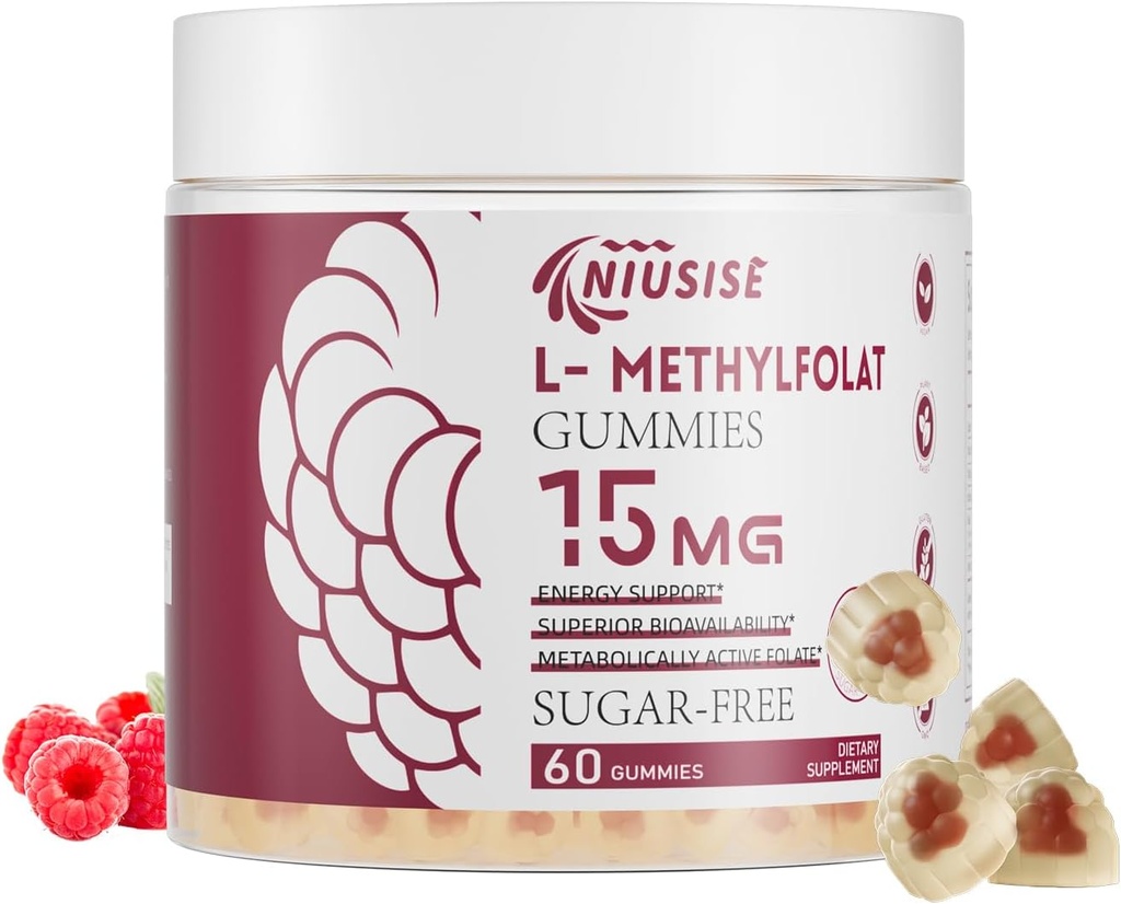 L-méthylfolate 15mg Gommies pour adulte, sans sucre Gommies aident à améliorer l'énergie, la fonction cérébrale - Acide folique actif et supplément de vitamine B12 pour le soutien immunitaire, non-OGM, sans gluten
