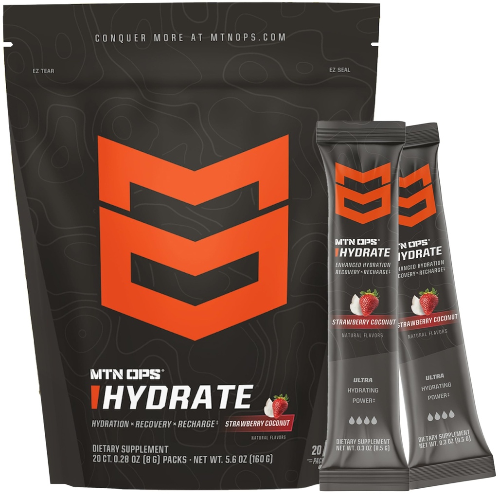 MTN OPS Hydrate Electrolytes Powder Drink Mix, 20 Single Serving On-The-Go Electrolyte Packs met meer dan 1000 mg Elektrolyten per Serving, Aardbei Kokosnoot