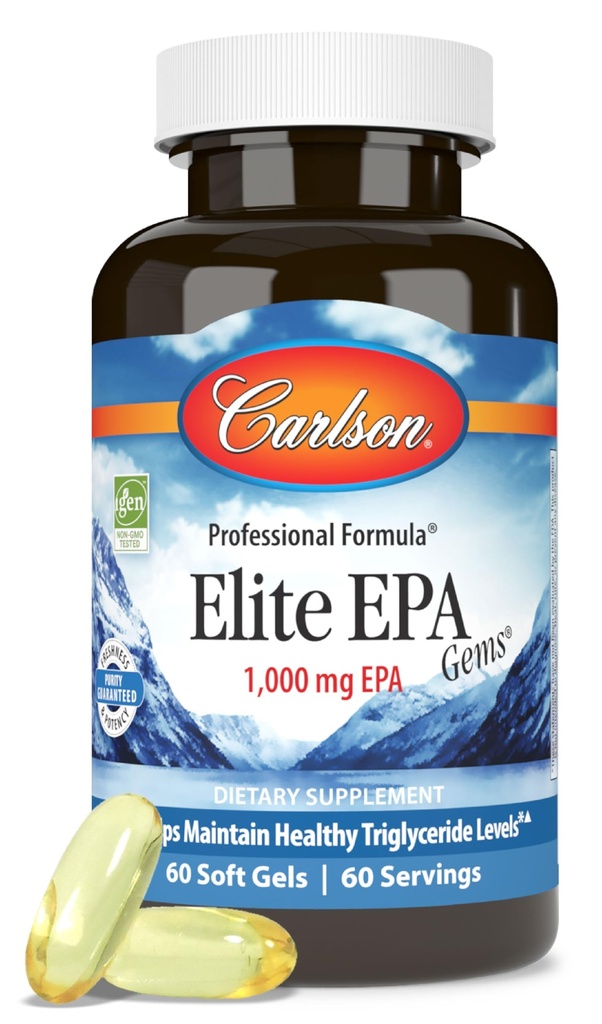 Carlson - Elite EPA Gems, 1000 mg EPA Fish Oil, Wild-Caught, Norwegian Fish Oil Supplement, duurzaam geproduceerd, helpt handhaven van gezonde triglyceriden niveaus, 60 Softgels