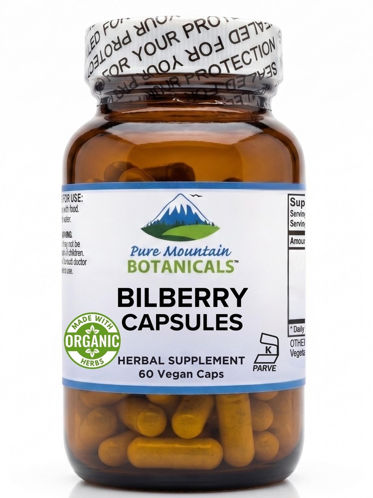 Pure Mountain Botanicals Bilberry Extract Supplement Vegan Kosher Capsules met 250 mg biologisch bosbessenblad & 50mg krachtig extract van bosbessen