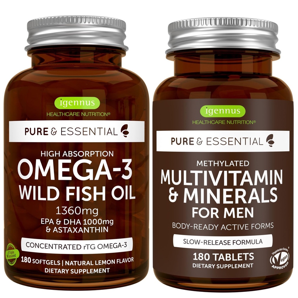 Haute absorption Omega-3 Huile de poisson sauvage + mélange multivitamines masculins méthylés, 1000mg EPA & DHA 180 Softgels + Comprimés multivitamine 180 à libération prolongée, par Igennus