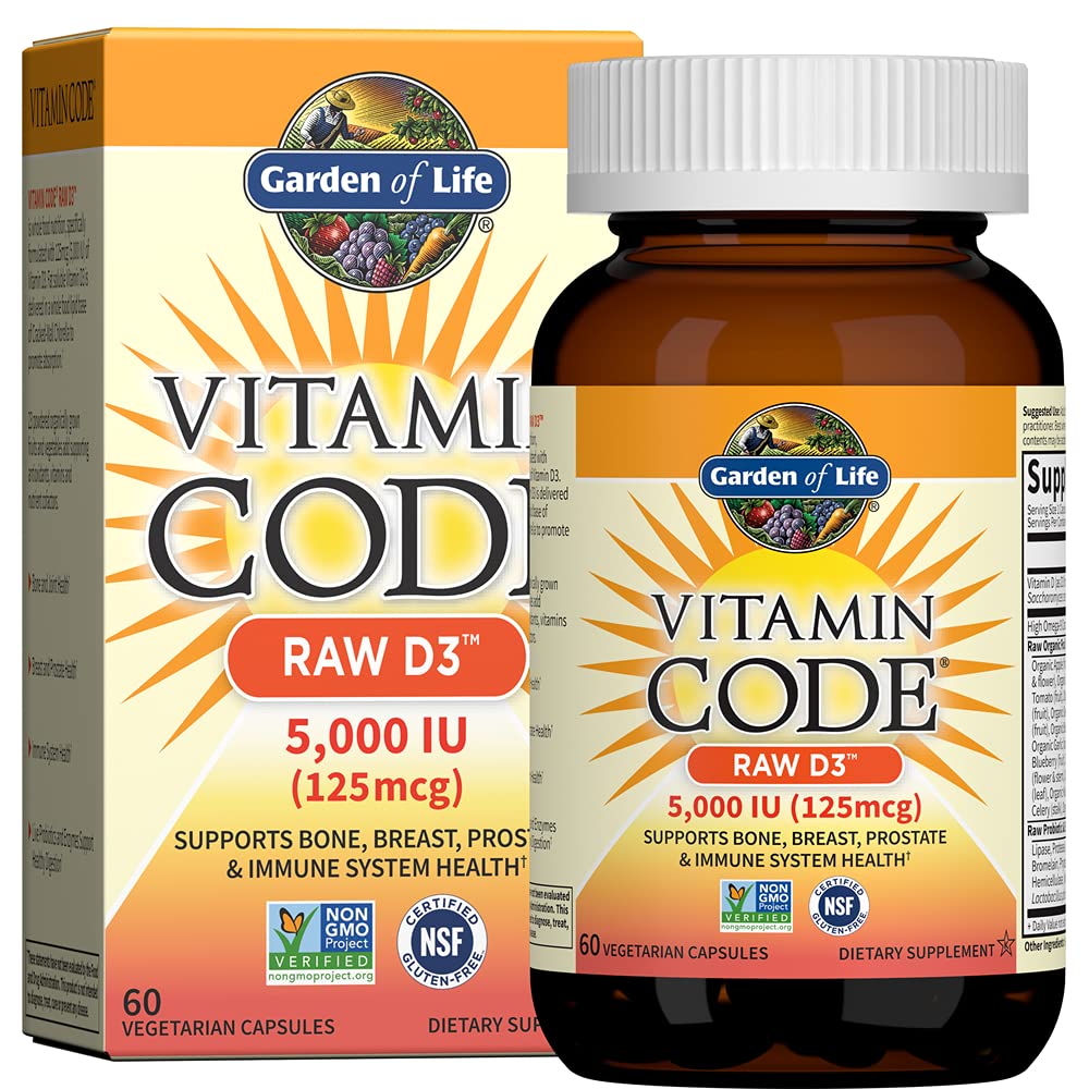 Garden of Life Vitamine D3 5000 IE, Raw Whole Food Supplements with Chlorella, Fruit, Veggies & Probiotica for Bone & Immune Health, 60 Vegetarian Capsules