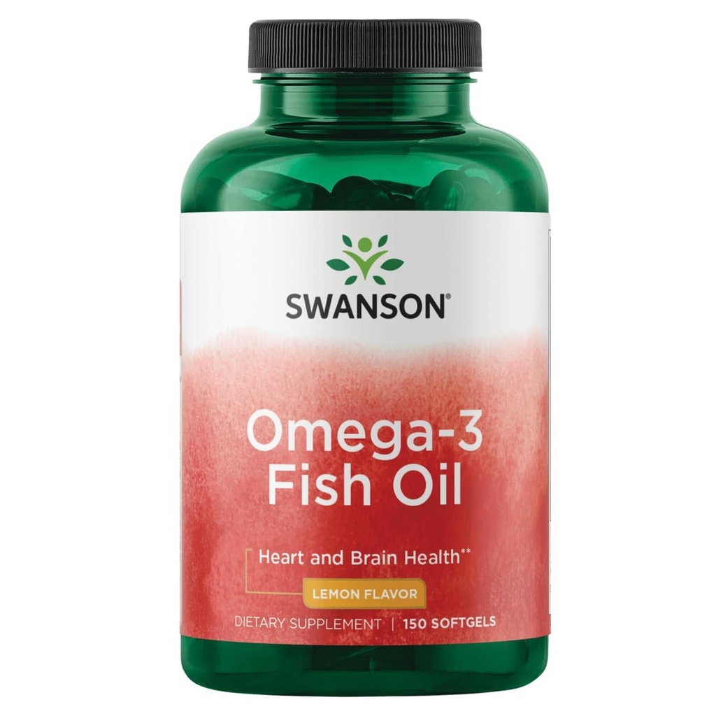 Swanson Omega 3 Supplément à l'huile de poisson Coeur Cerveau et soutien interarmées AFE sans OGM 180 mg EPA Plus 120 mg DHA 150 Capsules de softgel Saveur de citron