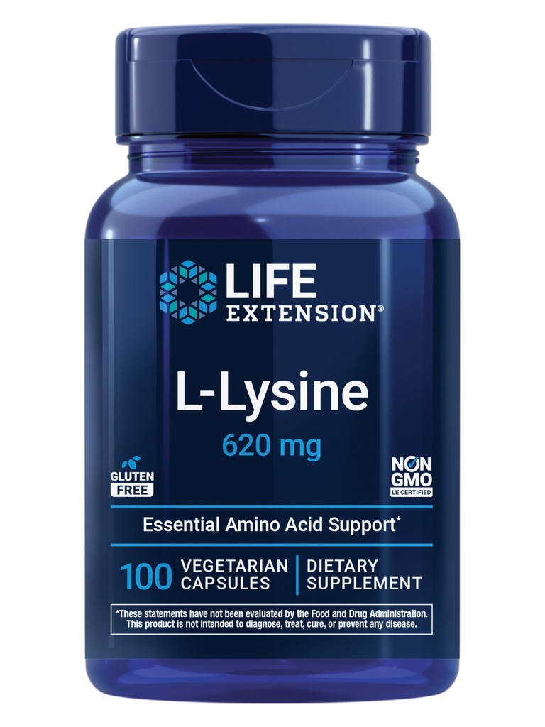 Levensverlenging L-Lysine, 620 mg, Essentiële Aminozuur voor een gezonde stikstofbalans, Calcium Metabolisme, Stress Response & More, Glutenvrije, Niet-GMO, Vegetarisch, 100 Capsules