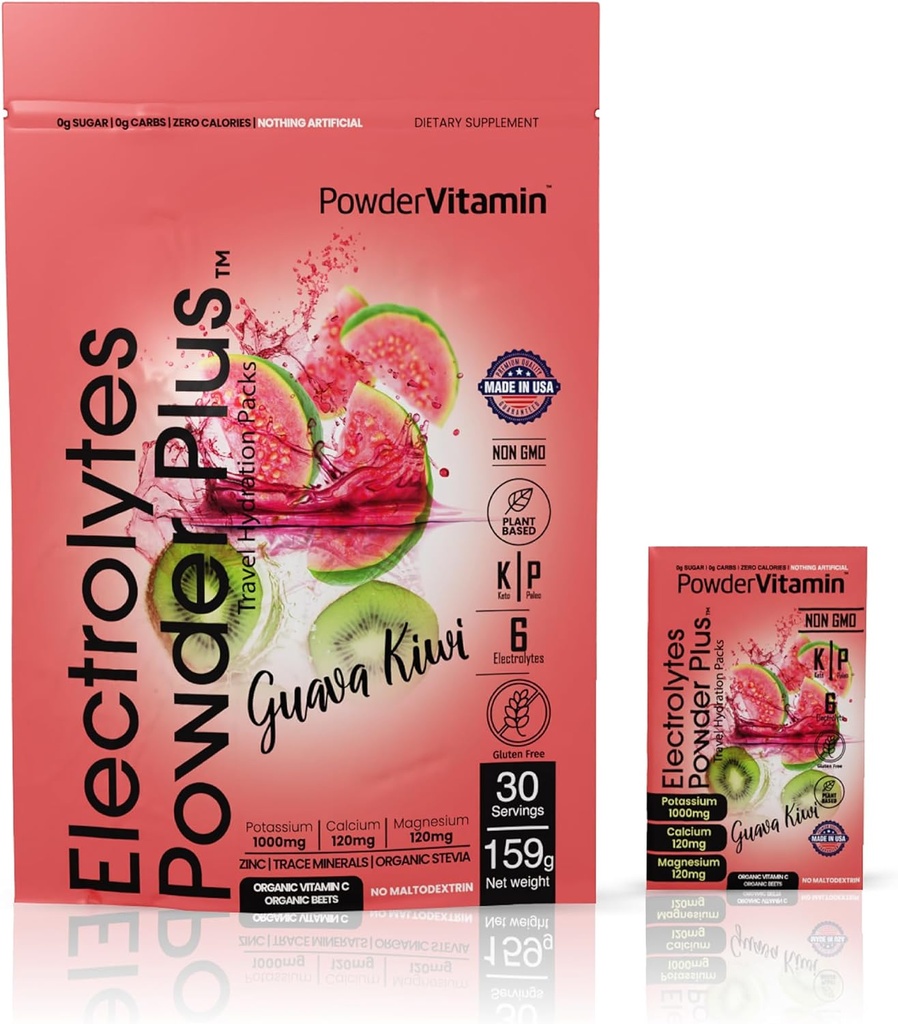 PoederVitamine Electrolytes Powder Plus, Keto, Guava Kiwi, Zero Sugar, 1000mg Kalium, 120mg Calcium, 120mg Magnesium, Non-GMO, Zero Calories, 30 Hydration Packets
