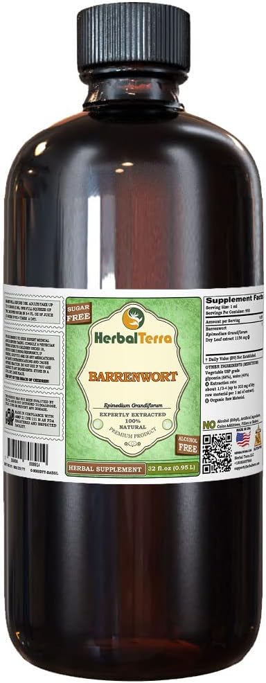Barrenwort (Epimedium grandiflorum) Glycérite, feuilles séchées Extrait liquide sans alcool (Marque: HerbalTerra, Fièrement fabriqué aux États-Unis) 32 fl.oz (0.95 l)