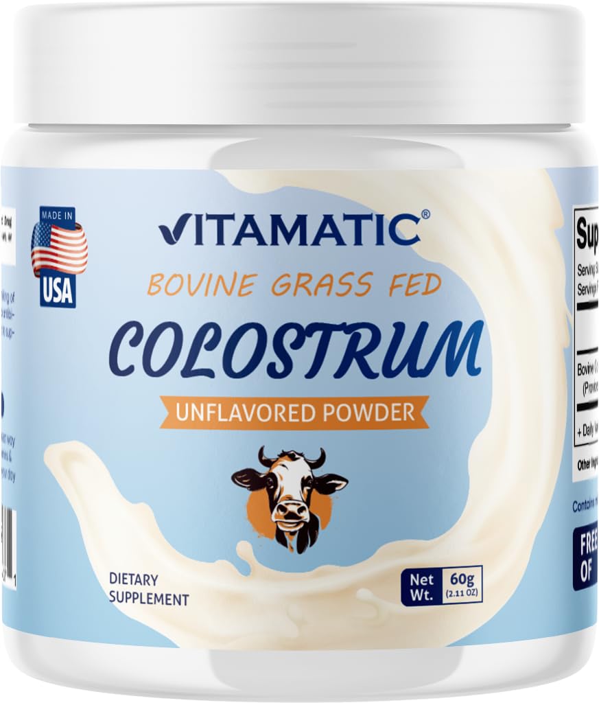 Vitamatic Bovine Colostrum 30% IgG Powder - Supplement for Gut Health, Hair Growth, Beauty, Muscle Recovery, & Immune Support - Easy to Mix - 60 Gram (30 Serves, Unflavored)