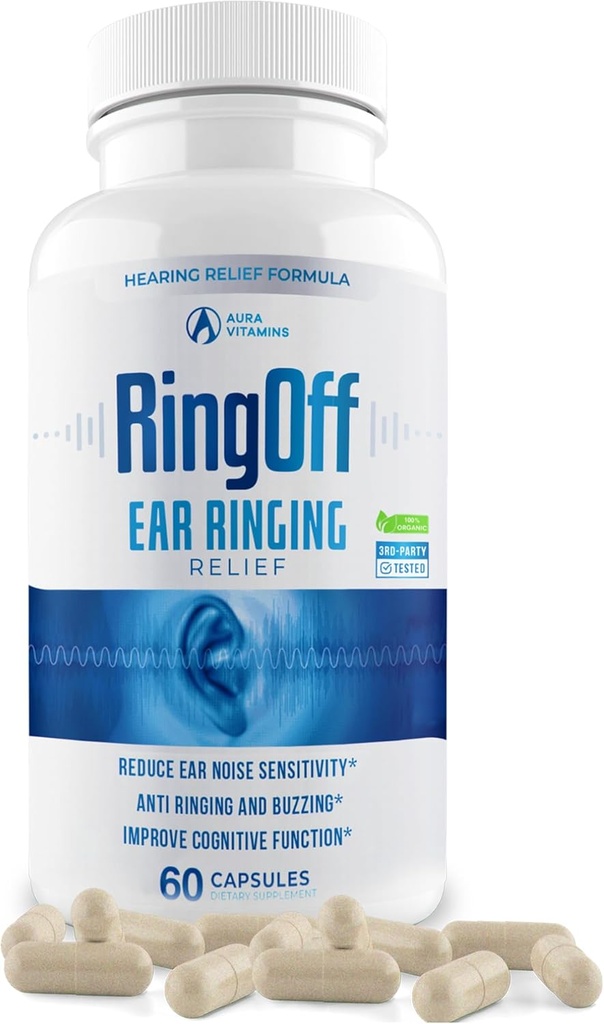 Ring Off (60 capsules) – Acouphène Relief pour les oreilles qui sonnent, Acouphène clair Relief pour les oreilles qui se taisent et restaure la paix intérieure, Ginkgo Biloba, Zinc Picolinate & More – Soutien efficace de la santé auditive (1)