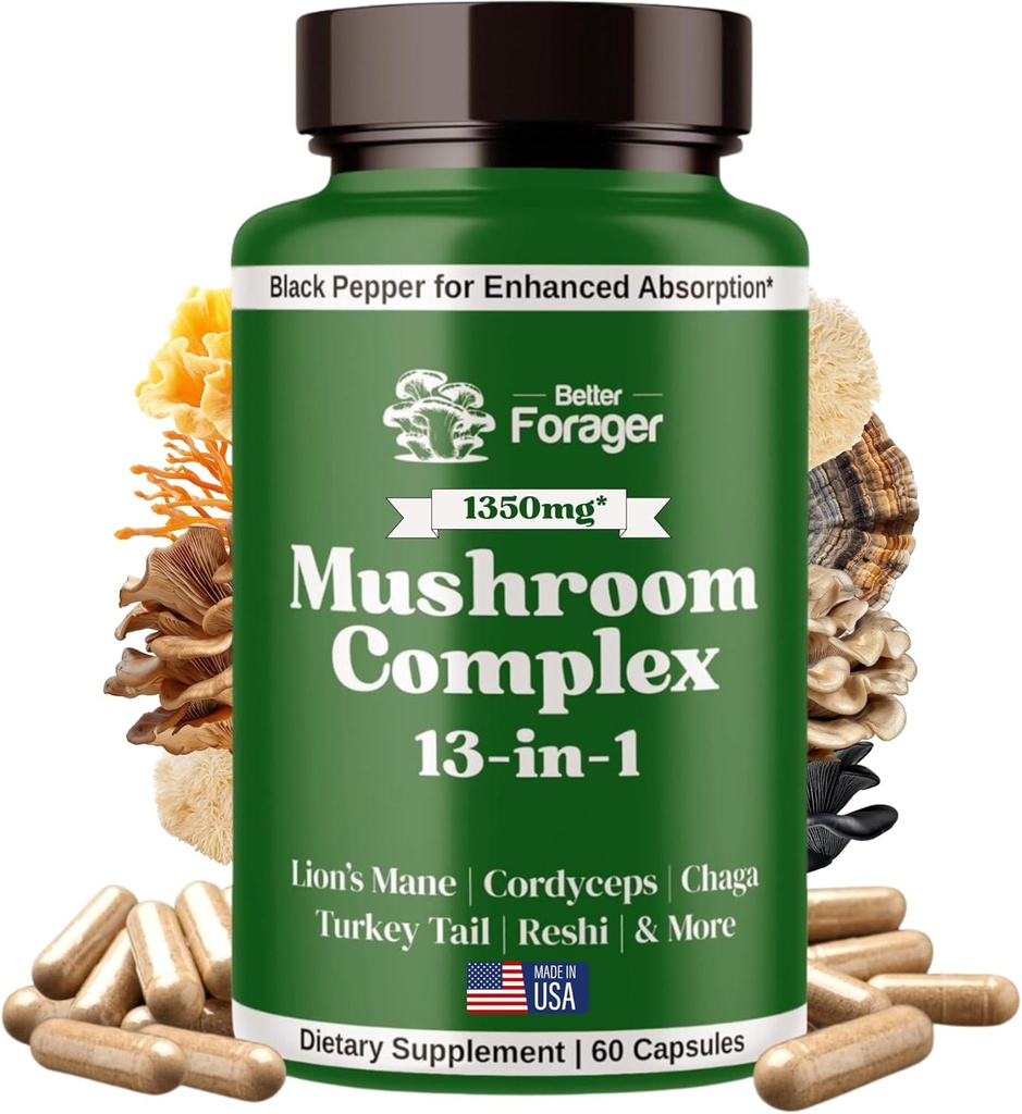 Mushroom Complex Capsules, 13-in-1 Mushroom Supplement, Lion's Mane, Reishi, Cordyceps, & More, bevordert focus, helderheid, & geheugen, extract supplement, 1 maand levering, 60 Tellen