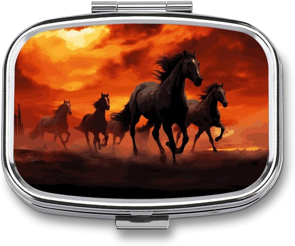 Chevaux Red Glowing Clouds Square Pill Box, 2 compartiments décoratifs Pocket Pill Box pour Pocket or Purse Portable Mini médecine de voyage Comprimé Porte-vitamine Organisateur Pill Case