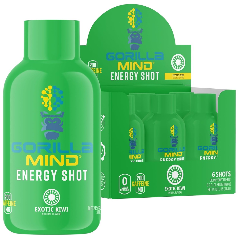 Gorilla Mind Energy Shots (pakket van 6) - Enhanced Focus & Energy, Sugar-Free, Fast-Acting, Potent Formula with Vitamines & Natural Extracts (Exotic Kiwi)