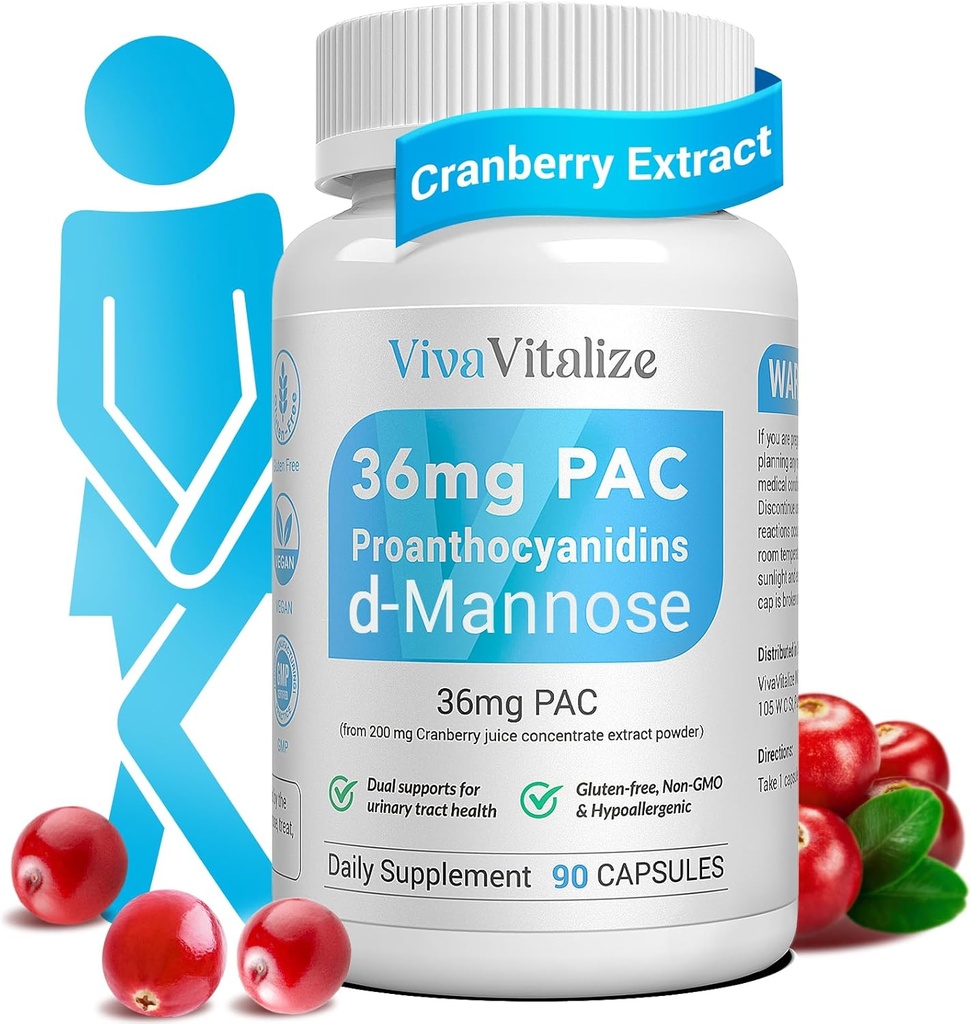 5 in 1 Cranberry Supplement voor vrouwen, 36mg PAC 100% Oplosbare D-mannose Dandelion Herb Mulberry Uva Ursi Leaf Natural Urinary Tract Health Support, Cranberry Pillen Utis Preventie 90 Caps