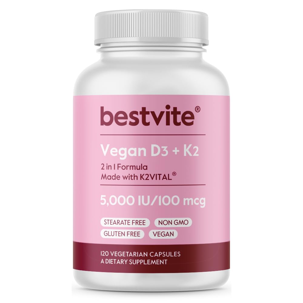 BESTVITE Vegan Vitamin D3 5000 IE + Vitamine K2 100 mcg als MK-7 (120 Vegetarische Capsules) - Geen Stearates - Veganistisch - Niet GGO - Glutenvrij