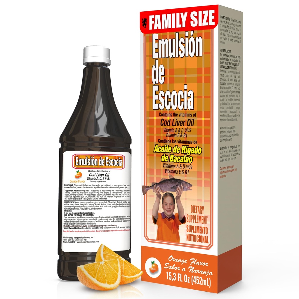 EMULSION DE ESCOCIA Koolleverolie, Dieetsupplement, Vitaminen A, B1, D en E, Immuun Systeem Ondersteuning, Oranje Smaak (15.3 Fl Oz / Pak van 1)