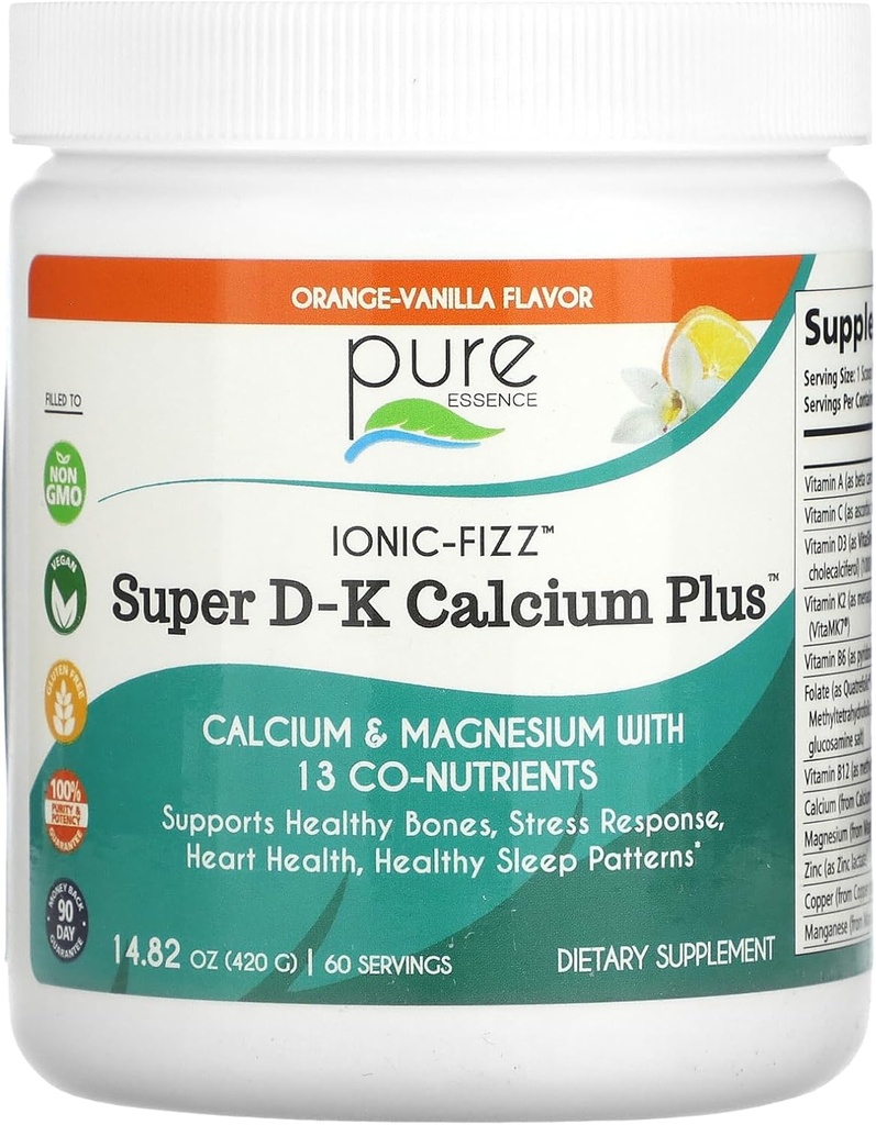 Ionic Fizz Super D-K Calcium Plus van Pure Essence - met Extra Magnesium, Vitamine D3, Vitamine K2 - Oranje Vanille - 14.82oz