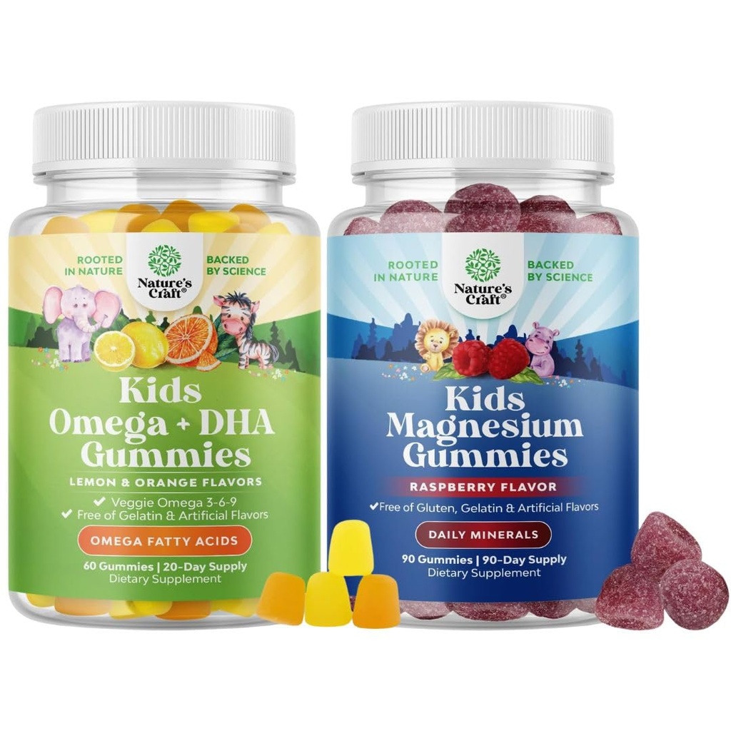 Bundle of Omega DHA Gummies for Kids - Acides gras Omega 3 6 9 avec vitamine C pour le cerveau, l'immunité et la vision et les enfants Gummies de magnésium - Mag Citrate for Nerve Health Muscles & Healthy Heart Support