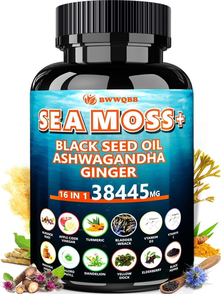Sea Moss 350mg Black Seed Oil 200mg Ashwagandha 100mg Turmeric 100mg Bladderwrack 100mg Burdock 100mg, All-in-1 Sea Moss Capsules-60 Tel.