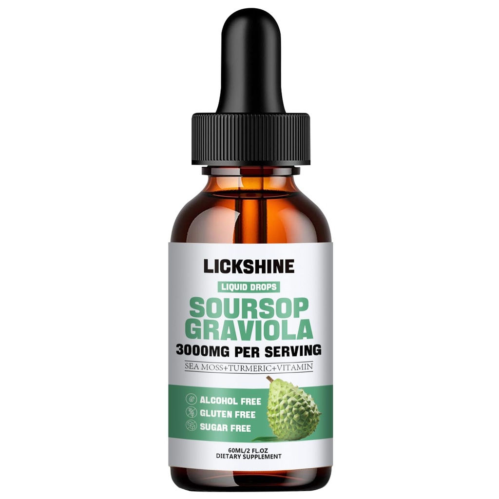 1 Packs 3000MG Sousop Graviola Liquid Drop for cell Support & Regeneration, lmmune, Gut, Antioxidant, Mood, Relax, Lever en Slaap Zzz - Sursop Graviola Leaf Extract, Sea Moss, Turmeric - 2Fl Oz