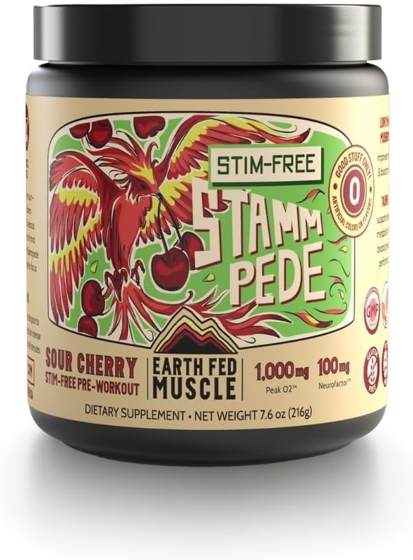 Earth Fed Muscle Stammpede Sour Cherry Pre workout Powder for Men & Women, Pre workout No Cafeine, Vegan & Gluten Free, Boosts Focus & Endurance, Lion