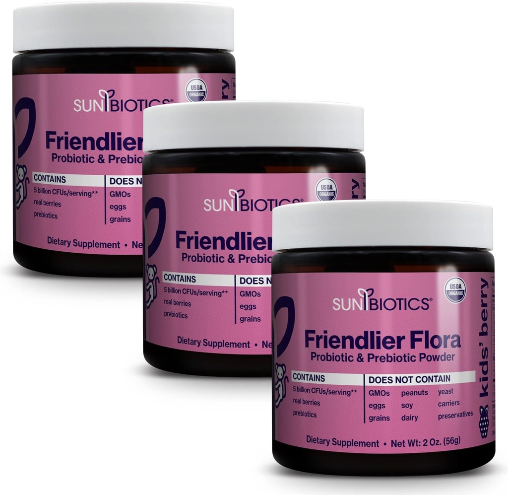 SUNBIOTICS Friendlier Flora - Kids Prebiotic and Probiotic Powder Supplement with 5 Miljard CFUs of 5 Probiotic Strains for Good Gut Flora, Immune System, & Balanced Microbiome - Berry, (pack of 3)