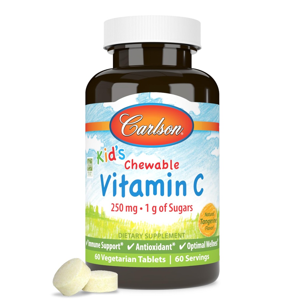 Carlson - Kauwbare vitamine C, 250 mg, 1 g suiker, Immune Support & Optimale Wellness, Antioxidant, Tangerine, 60 Vegetarische tabletten