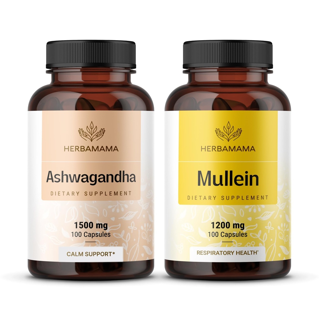 HERBAMAMA Ashwagandha en Mullein Kit - bundel van 1500 mg Ashwagandha Root & 1200 mg Mullein Leaf Capsules 100 Caps - Vegan, Non-GMO, Sugar & Alcohol-Free - 2 Pack