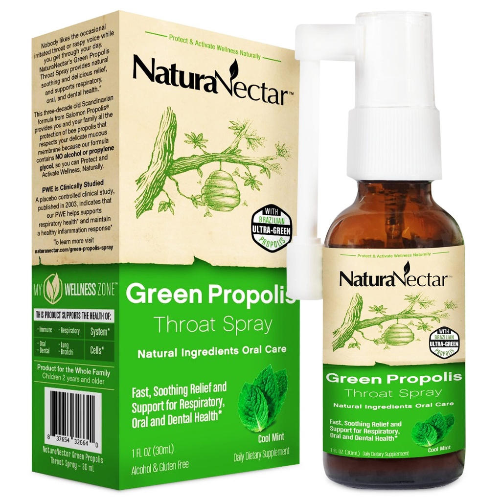 NaturaNectar - Green Propolis Throat Spray - Unieke, verzachtende Throat Care Relief met Braziliaanse bijenpropolis - Natuurlijke en niet-alcoholische Throat Care Formule van duurzame bijenhouderij (1-pack, 30ml)