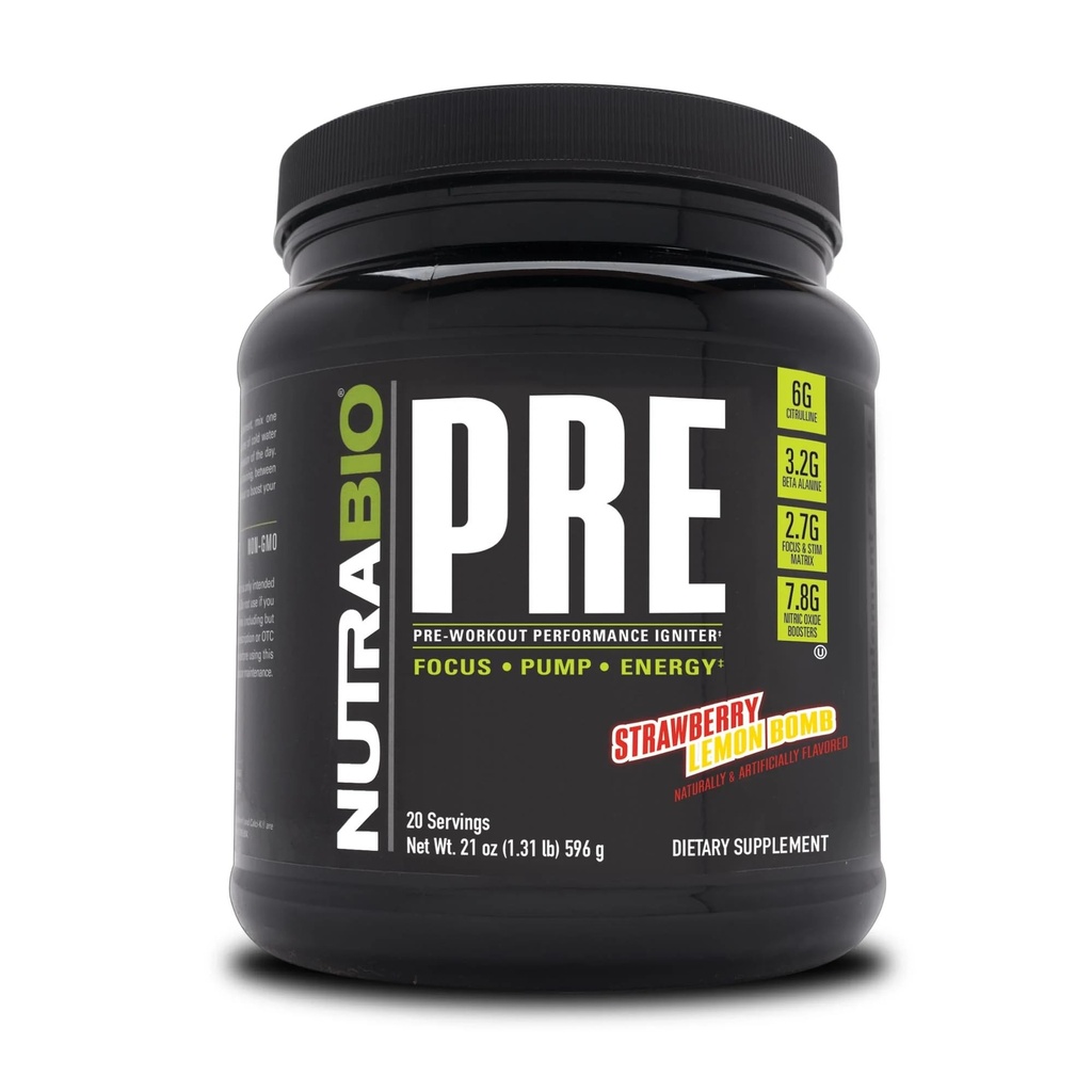 NutraBio PRE Workout Powder - Oude Formule- Aanhoudende Energie, Geestelijke Focus, Endurance - Beta Alanine, Creatine, Cafeïne, Elektrolyten - 20 Servers - Aardbei Lemon Bomb