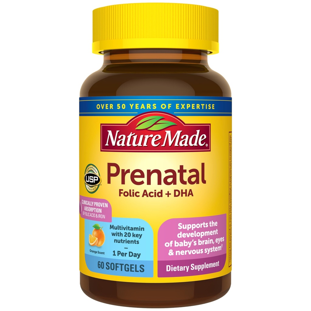 Nature Made Prenatal with Folic Acid + DHA, Prenatale Vitamine en Minerale Supplement voor dagelijkse voedingsondersteuning, 60 Softgels, 60 Day Supply