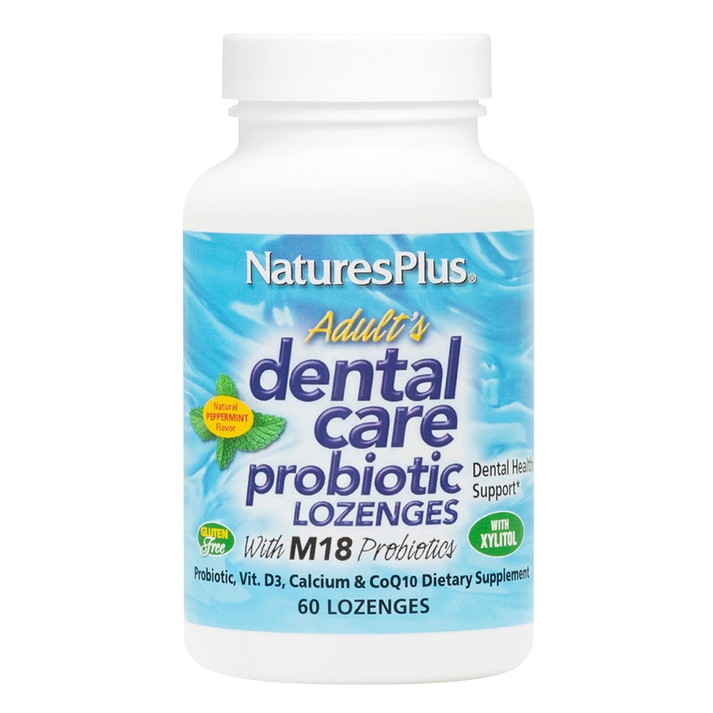 Natures Plus Adultes Soins dentaires Probiotiques - Supplément pour la santé des dents et des gencives - Saveur de menthe poivrée - 60 Lozanges végétariennes (30 portions)