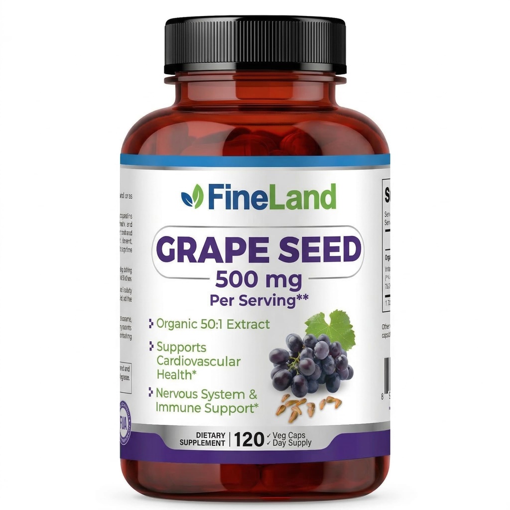 FineLand Graine Extract 50:1 – 25 000mg Équivalent par Capsule – 120 Capsules Vegan – Riche en Antioxydants
