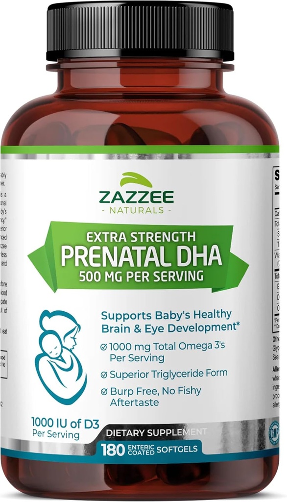 Zazzee Extra sterkte Prenatale DHA 500 mg, 180 Enteric Coated Softgels, 1000 mg Omega 3