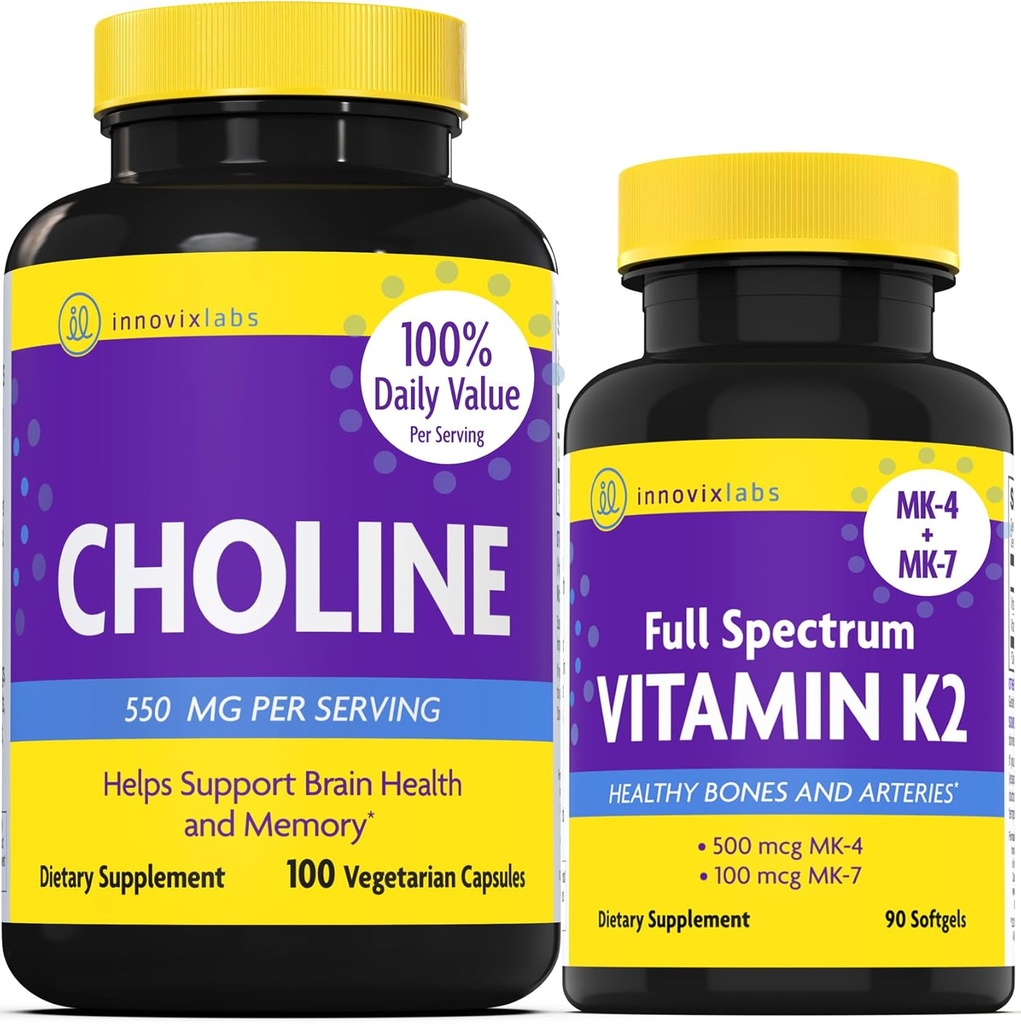InnovixLabs Choline & Vitamine K2 Bundle Choline Bitrate 550 mg (100 capsules) Full Spectrum Vitamine K2 (90 Softgels). Ondersteunt Memory, Mood, Brain Health & Boost Cognitive.*