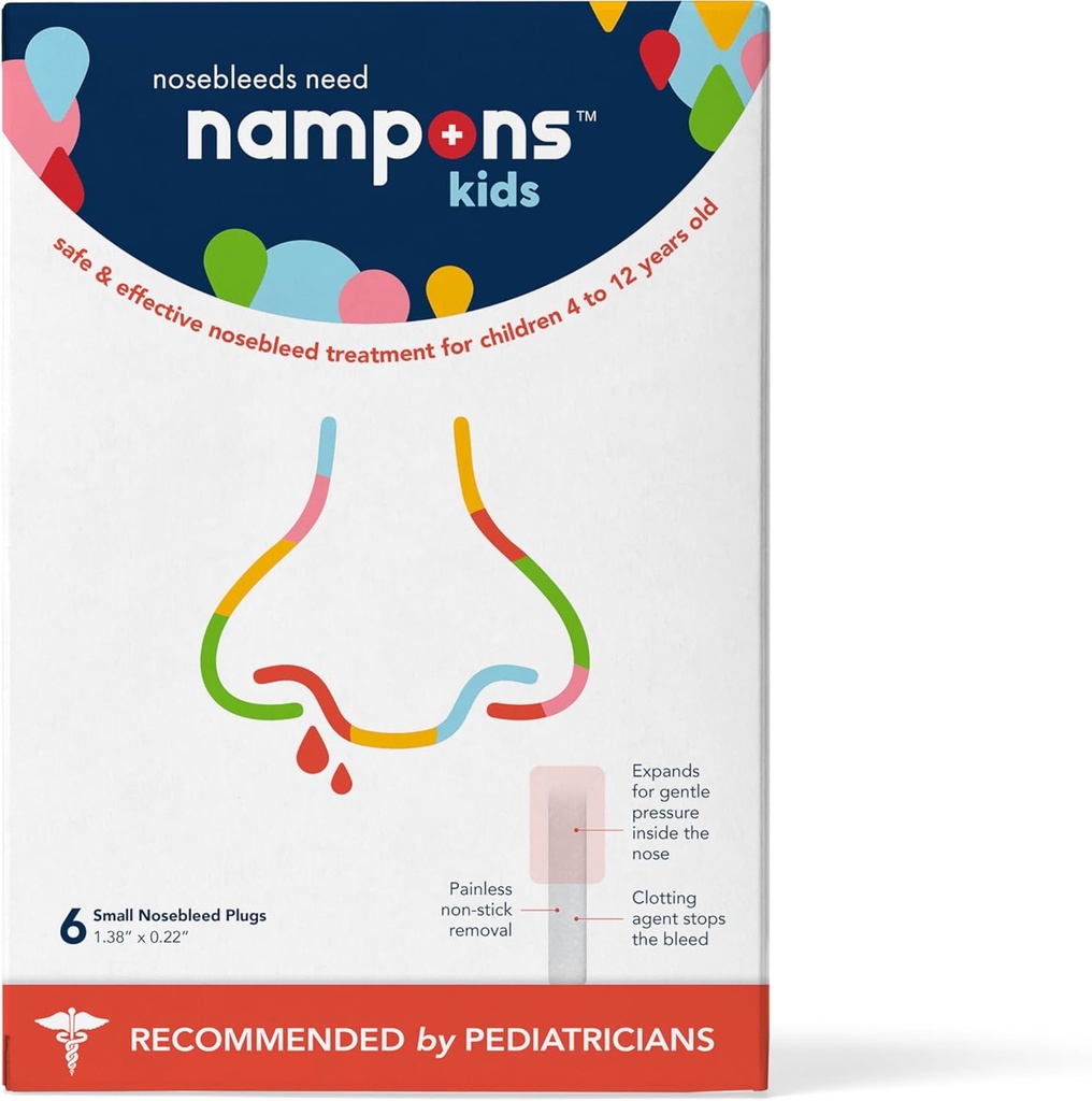 Nampons Kids Neusbloeding Stoppers - 6 Makkelijk te gebruiken Neusbloeding Stopper Plugs Kit voor kinderen. Vertrouwd door kinderartsen. Hypoallergene stolling agent stopt neusbloedingen snel op contact. Veilig en pijnvrij