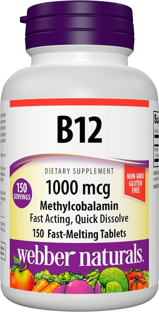 Webber Naturals Vitamine B12 1000 mcg, 150 Tel, Fast Solution Tablets, Vitamine Supplement Ondersteuning voor Energie Metabolisme, Immune en Hart Gezondheid, Vegetarische Formule, 150 Dagen Levering