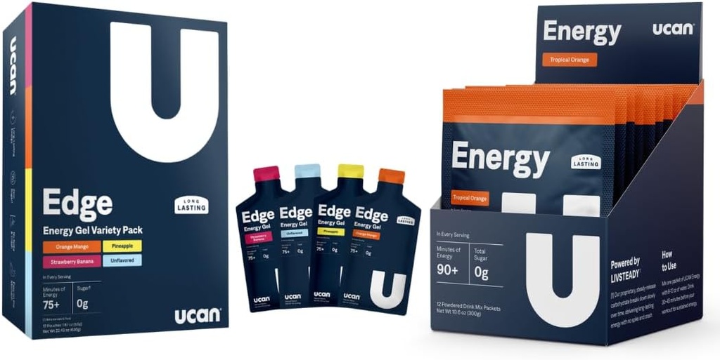 UCAN Training Starter Pack, Edge Energy Gel Variety Pack, Energy Powder Tropical Orange, Pre & Post Workout voor mannen en vrouwen Vegan, Keto Friendly