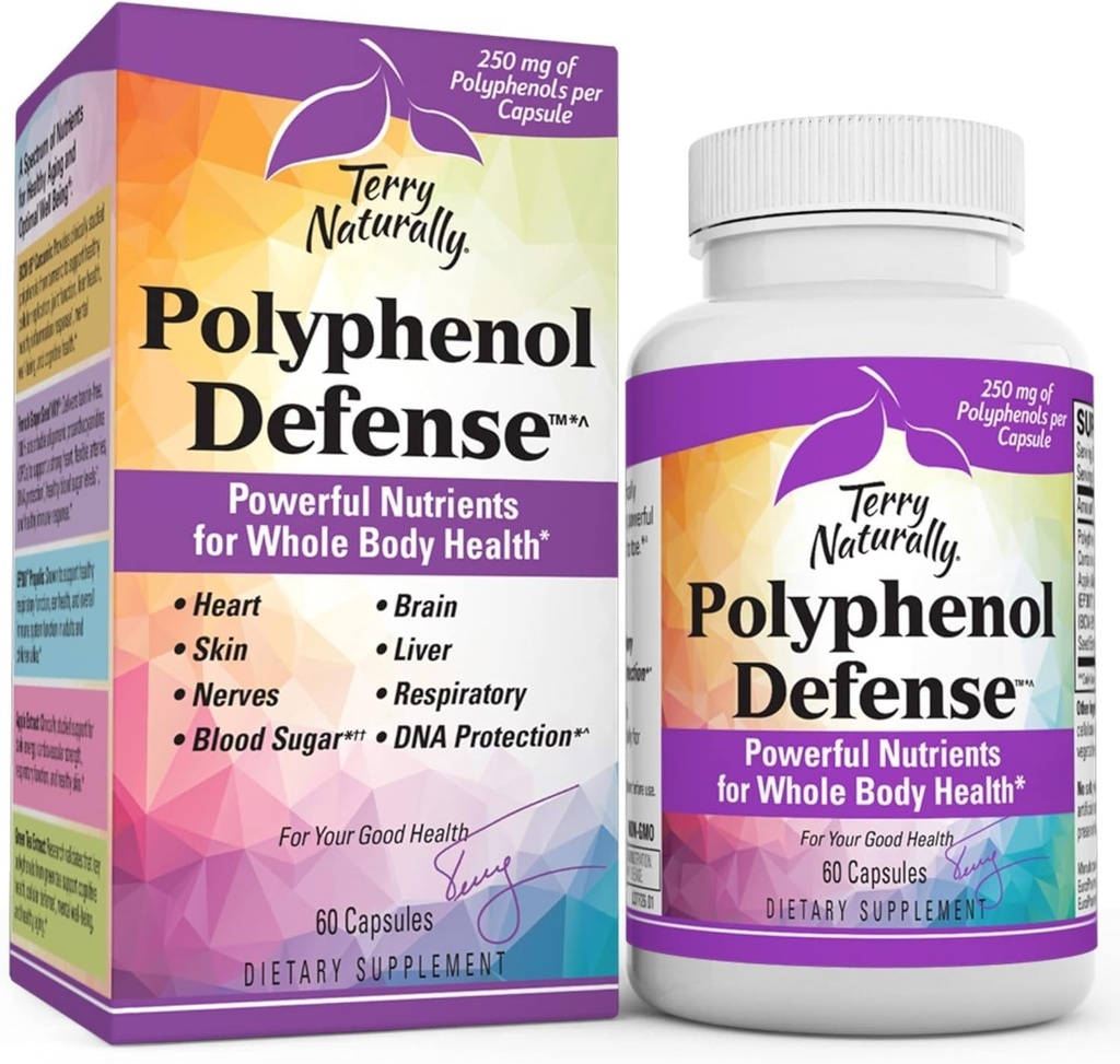 Terry Naturally Polyfenol Defense - Supplement to Support Brain, Liver & Nerve Health - Antioxidant Polyfenol Blend to Support Respiratory & Skin Health - Whole Body Health Support - 60 capsules