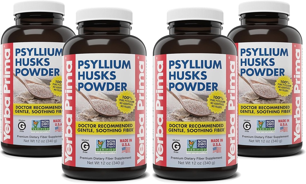 Yerba Prima Psyllium Husks Powder - 12 oz (pakket van 4) - Natural Fiber Supplement - Colon Cleanse - Gut Health - Vegan, Non-GMO, Gluten-Free (New Label - Packaging May Vary)