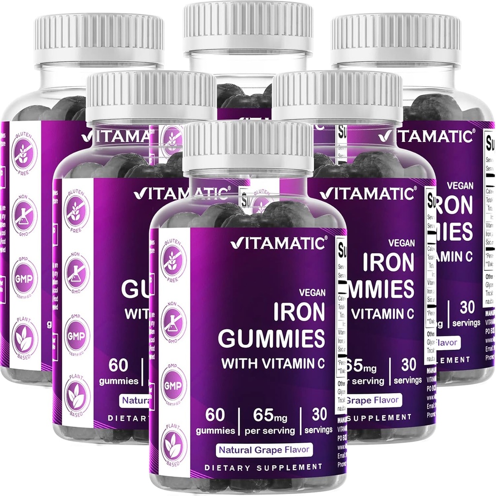 Vitamatic Iron 65 mg Gummies Supplement for Women & Men - 60 Vegan Gummies - Great Tasting Iron Gummy Vitamines with Vitamin C (6)